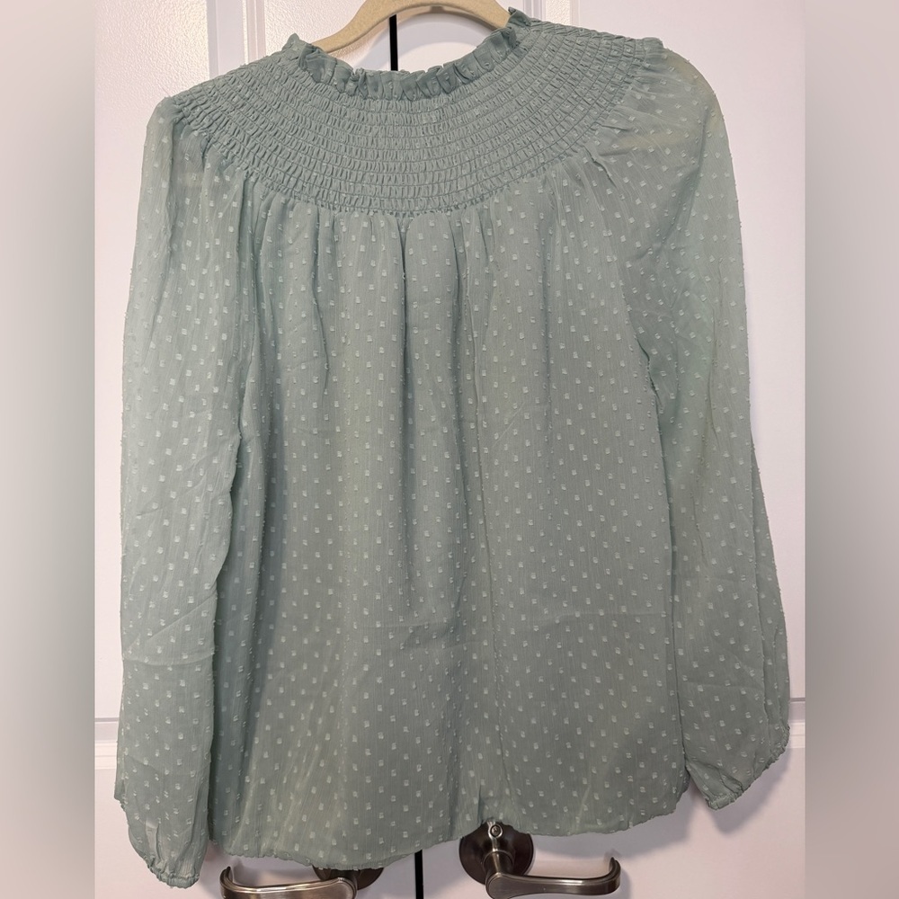 LOFT Sage Green Swiss Dot Smocked Blouse Long Sleeve Size M